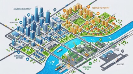 Fototapeta premium 3D isometric urban map with colorful districts, a flowing river, and various transportation icons on a light gray background. The