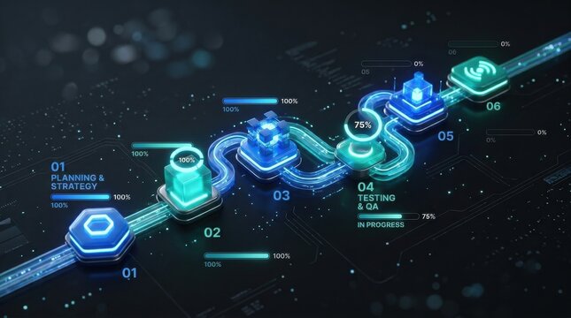 Digital workflow process diagram with progress bars and futuristic interface elements
