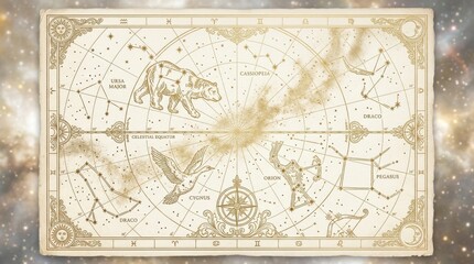 Fototapeta premium Celestial map background with vintage ornamental constellations and star clusters in a minimalist white and gold color palette.