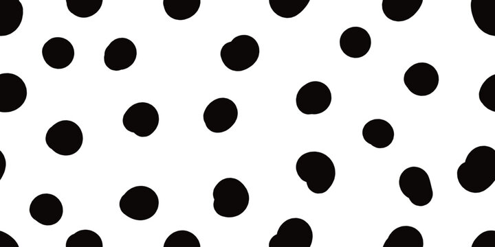 Abstract seamless pattern with large hand-drawn black polka dots and irregular circular spots on a white background. Minimalist monochrome vector texture resembling dalmatian print, perfect for modern