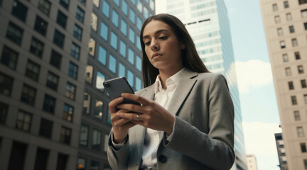 Fototapeta premium Young woman in grey suit uses smartphone on city street with tall buildings. Professional lady with long dark hair checks mobile phone, navigates urban environment.