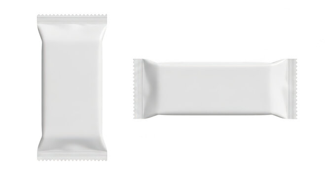 Two standing rectangular snack food wrappers isolated on transparent background