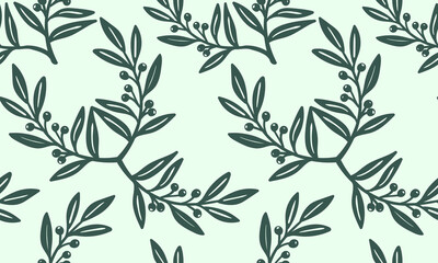 Green eco style twig pattern hand drawn boho botanical branch with berries for wrapping paper and textile web design © pani_Nadichka
