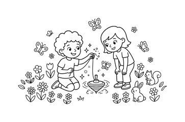 Fototapeta premium Friendly child showing a spinning top trick to a friend, with flowers, butterflies, small animals, and tiny magical sparkles