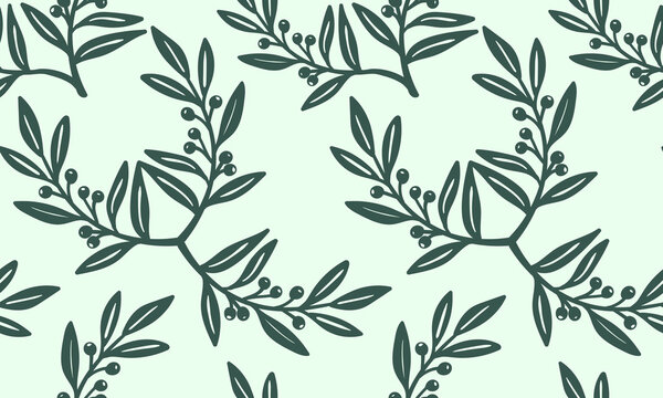 Green eco style twig pattern hand drawn boho botanical branch with berries for wrapping paper and textile web design