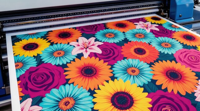 Large format printer creates vibrant floral pattern on fabric. Colorful flowers and leaves are reproduced onto material using modern printing tech. Industrial production of textile designs.