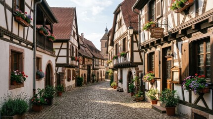 Fototapeta premium Narrow cobblestone street in a historic European village lined with ancient timber-framed houses and blooming flower boxes. The