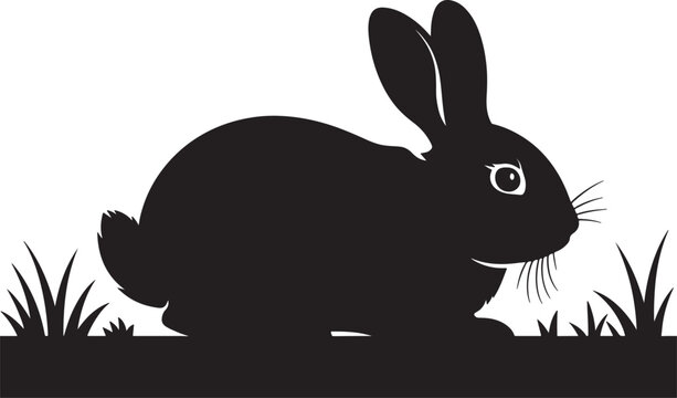 Black silhouette of a cute rabbit sitting in a grass field on a white background