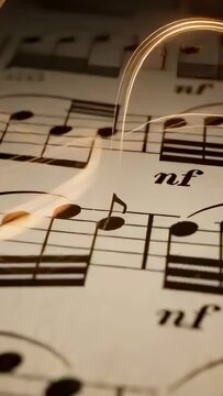 Vertical video: Camera panning over score shifting up-right on desk with nf marking and light arcs