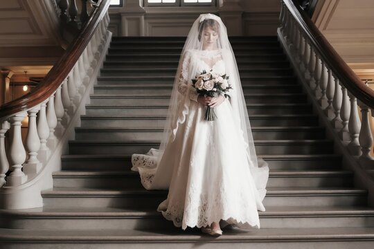 Young bride in classic white dress with veil stands on grand staircase holding flower bouquet. Elegant female poses indoors, preparing for wedding day ceremony. Beautiful woman wears bridal gown.