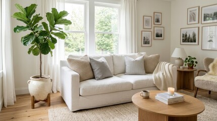 Naklejka premium Cozy and bright Scandinavian living area featuring a plush white sofa decorated with beige and soft gray pillows. A large green