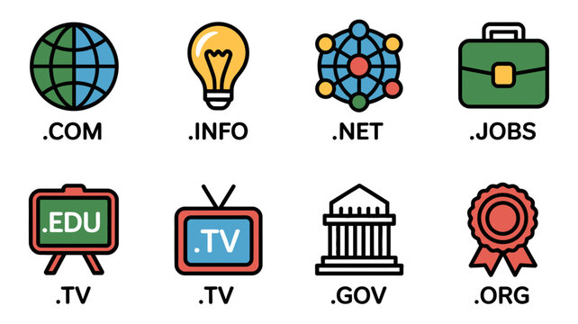 Colorful domain extension icons set with globe light bulb network briefcase chalkboard tv government organization symbols