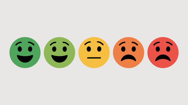 Set of five happy to sad emoji faces showing different mood expressions