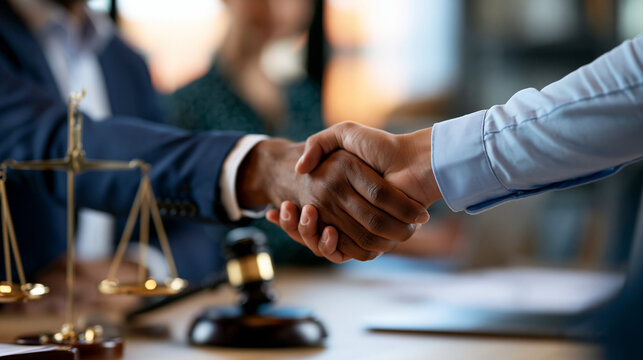 A close up of European lawyer hands shakes softly after reaching a calm legal agreement with bright scales and gavel in foreground handshake agreement faceless detail softly