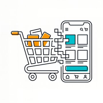 Shopping cart pixelating into a smartphone screen line art illustration representing mobile commerce digital transition and online retail shopping