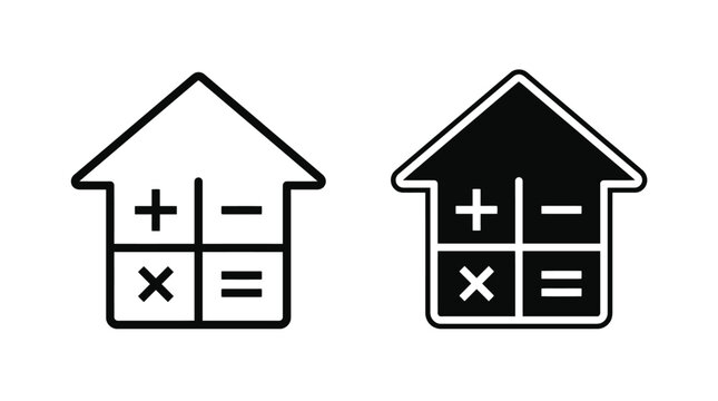 House-shaped calculator icons appear in black and white outline and solid fill, signifying financial planning.