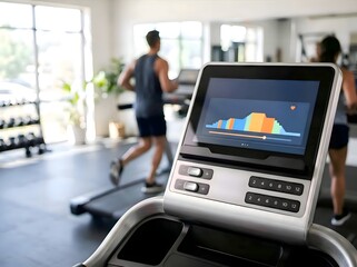 Fototapeta premium Close Up of Treadmill Dashboard Display Interface with Man Running in Gym Background
