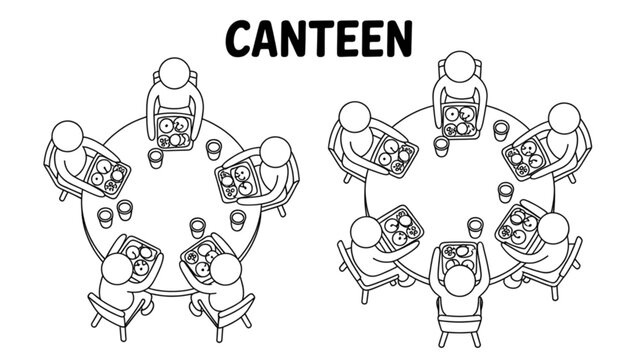 Colorful cartoon food icons set featuring pizza, burger, sandwich, and drink in a canteen