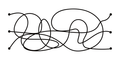 Three black lines starting from separate dots, tangling into a chaotic knot, and reaching three end points. Concept of complex connections, routing, and finding the right path. © Марина Мигаль
