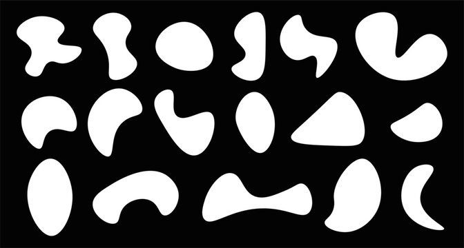 Set of white abstract organic shapes and fluid blobs isolated on a black background. Minimalist liquid silhouettes and flat vector design elements, perfect for modern logos, creative collages, and sty