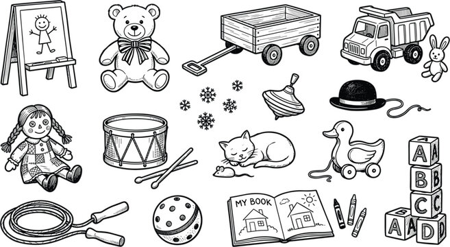 Vintage Hand Drawn Kids Toy Collection Set with Teddy Bear, Rag Doll, ABC Blocks, Wooden Wagon, Drum, and Truck Outline Vector Engraving Sketches