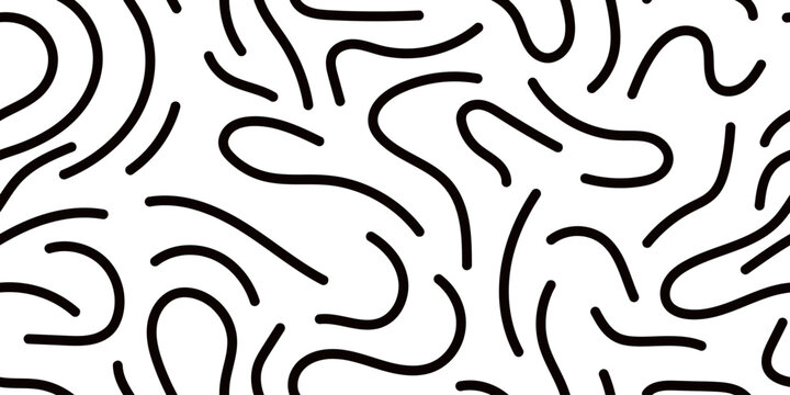 Abstract seamless pattern with black hand-drawn wavy lines and squiggles on a white background. Minimalist monochrome vector texture, perfect for modern trendy backgrounds, wrapping paper, apparel, an