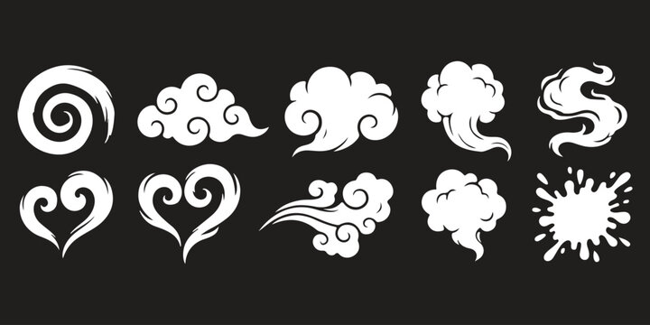 Set of white hand drawn smoke clouds and vapor puff icons on black background