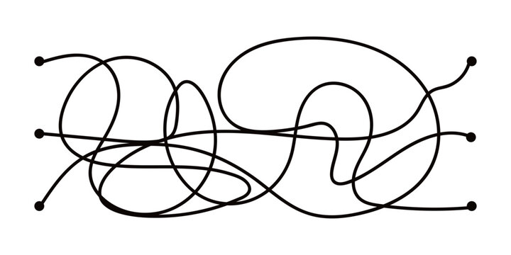 Three black lines starting from separate dots, tangling into a chaotic knot, and reaching three end points. Concept of complex connections, routing, and finding the right path.