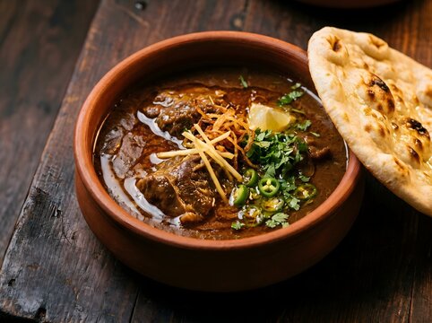 Achari Gosht Clay Pot Pakistani Pickle Spiced Mutton Curry Close Up Atmospheric Editorial