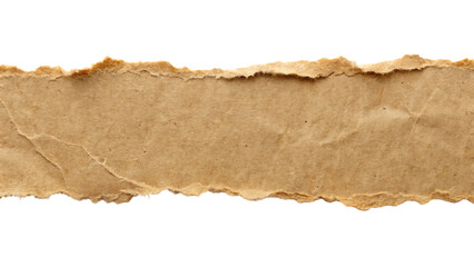 Fototapeta premium Textured torn brown paper strip with rough edges, showcasing natural fibers and a vintage feel against a dark background isolated on a transparent background