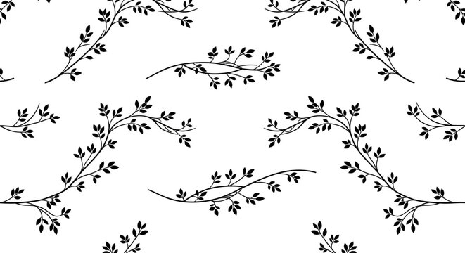 Black Leafy Branch Seamless Pattern Vector