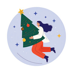 Fototapeta premium Woman Holding Christmas Tree Decorated.