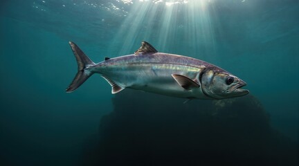Fototapeta premium Single big fish swims in deep blue ocean water. Sun rays penetrate sea surface creating light beams. Fish shows scales detail, fins, tail. Underwater world, marine life, wild animal.