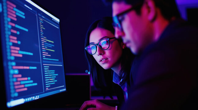 Two people analyze code on computer screen. One woman wears glasses, looking intently at monitor. Team works late, illuminated by screen light.
