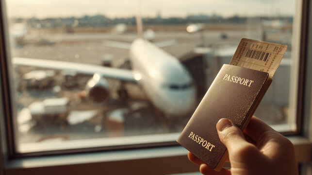 A close-up of a hand holding a passport and airplane ticket near an airport window