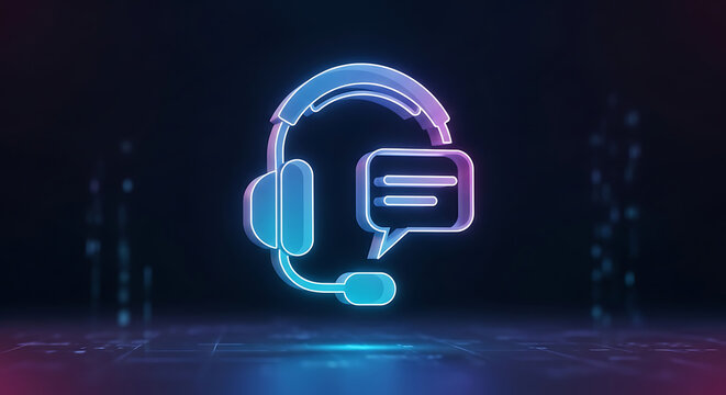 Neon customer service headset with chat icon on dark background