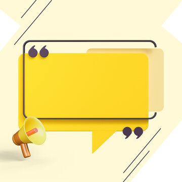 Blank yellow presentation banner template with 3D illustration of a megaphone and graphic quote speech bubble mockup.