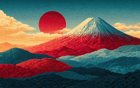 Mount Fuji landscape rising under large red sun, stylized Japanese woodblock textile pattern, serene