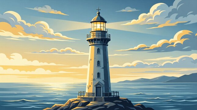 Lighthouse standing on rocky islet with sunlit ocean horizon