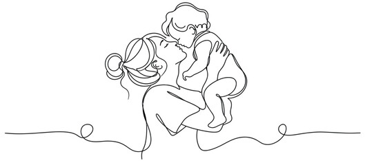 Fototapeta premium Minimalist continuous one-line drawing of a mother tenderly lifting and holding her baby face-to-face.