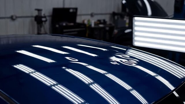 Technician performing paintless dent repair on blue car roof. PDR process using specialized lamp to reveal metal damage and restoration of bodywork surface.