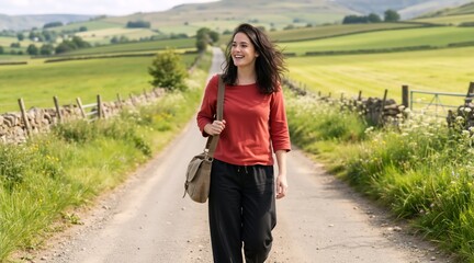 Fototapeta premium Smiling young woman walking on a rural road in the countryside. Happy female traveler with messenger bag exploring green hills. Outdoor adventure and travel concept