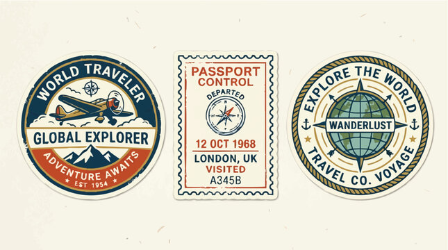 Vintage travel stickers set with airplane, compass and globe, vector illustration isolated on white background