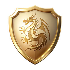 Fototapeta premium Golden shield emblem featuring a fierce dragon symbolizing protection and power isolated on a transparent background