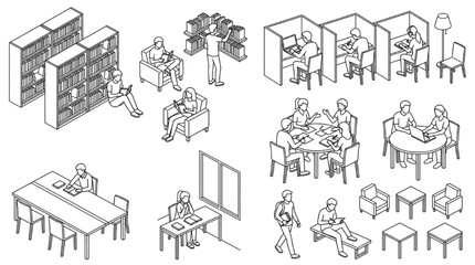 Obraz premium Vector isometric library entourage elements with study booths bookshelves and reading students