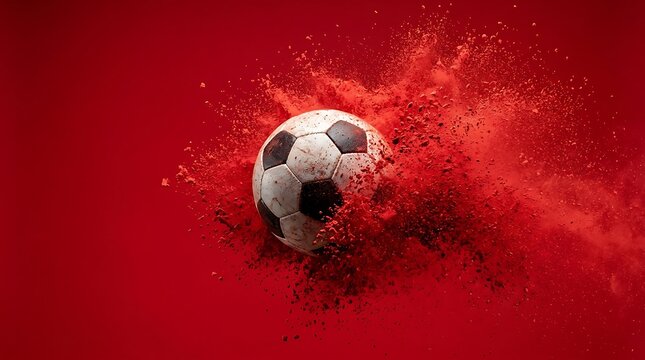 Soccer ball exploding on red background.