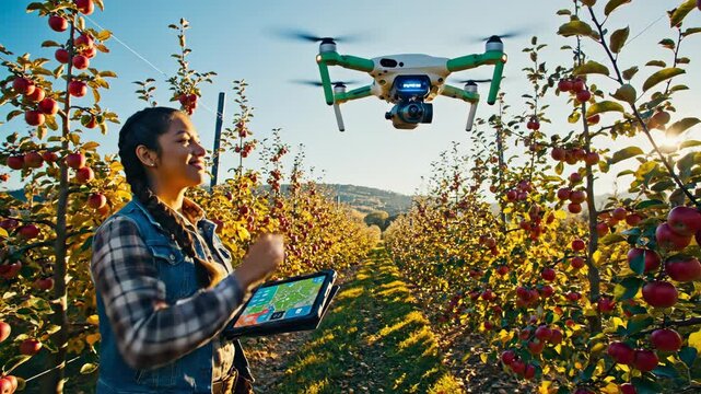 Woman farmer controls drone with tablet in apple orchard. Latina agriculturalist monitors fruit harvest using smart technology. Modern precision farming concept.