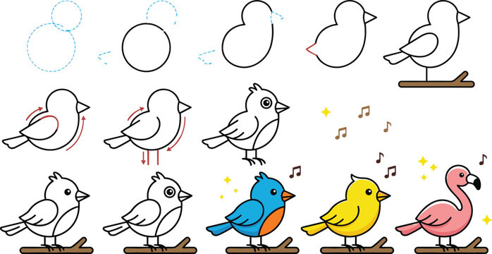 Cute bird drawing tutorial and cartoon character creation set with colorful singing birds for children education stickers and animation design