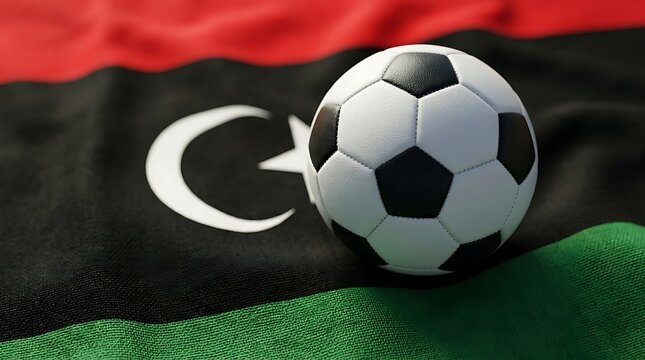 Football resting on libyan flag colors and symbol.