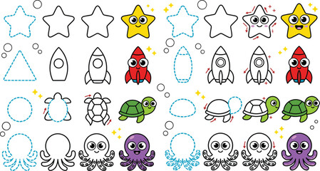 Educational tracing and coloring activity set with star rocket turtle and octopus characters for preschool learning worksheets and kids games © Sreemotimadhobi
